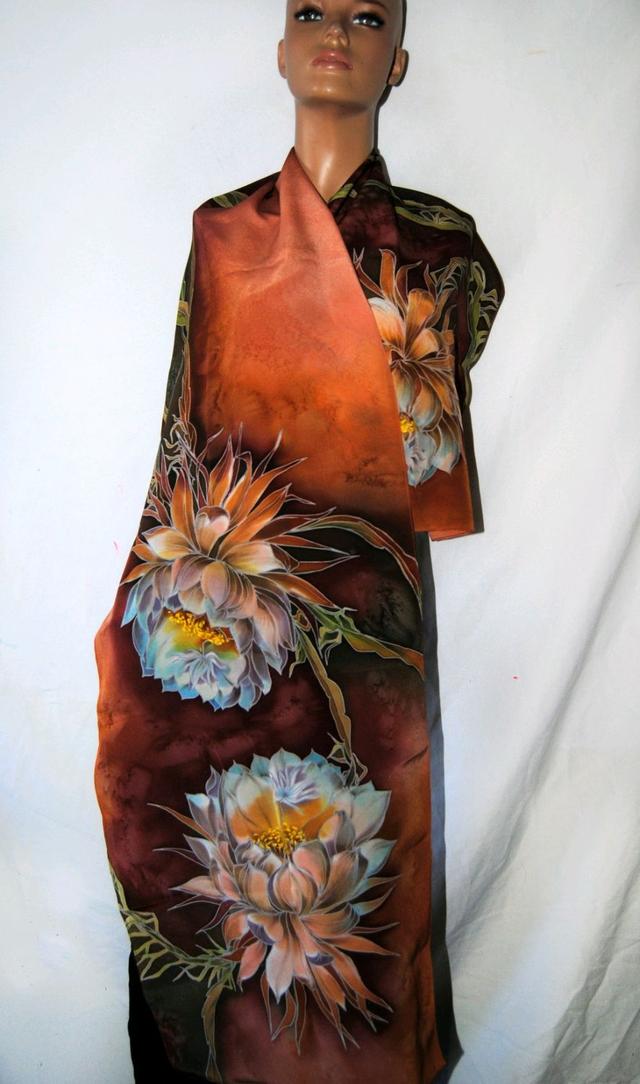 Silk batik scarf "Blooming cactus"