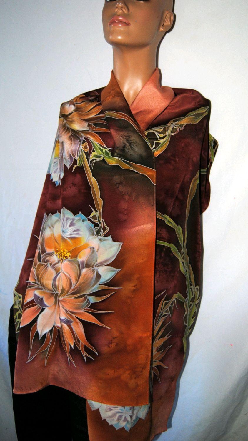 Silk batik scarf "Blooming cactus"
